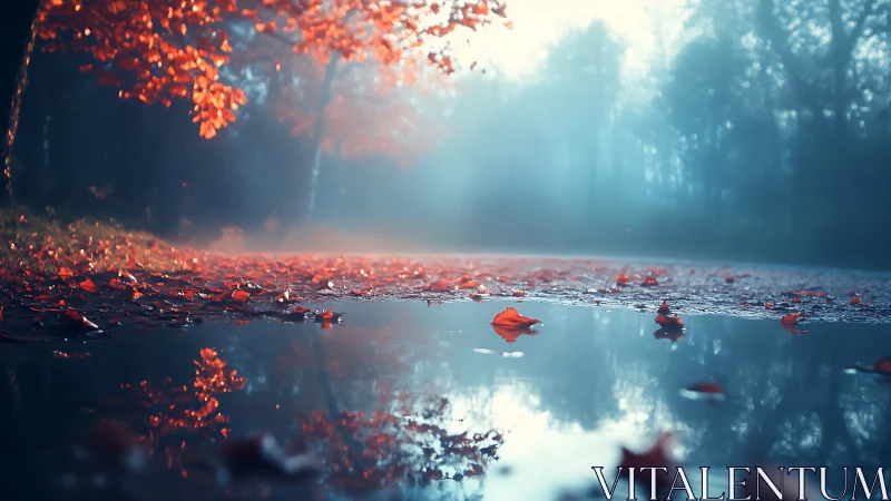Low-angle autumn roadway reflection in fog-diffused forest light.