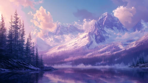 Iridescent alpine mountains rise above a glassy twilight lake