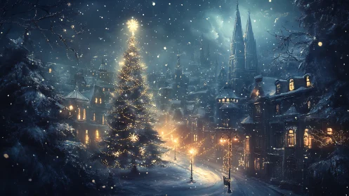 Midnight snowdrifts cradle a cathedral of glowing tinsel