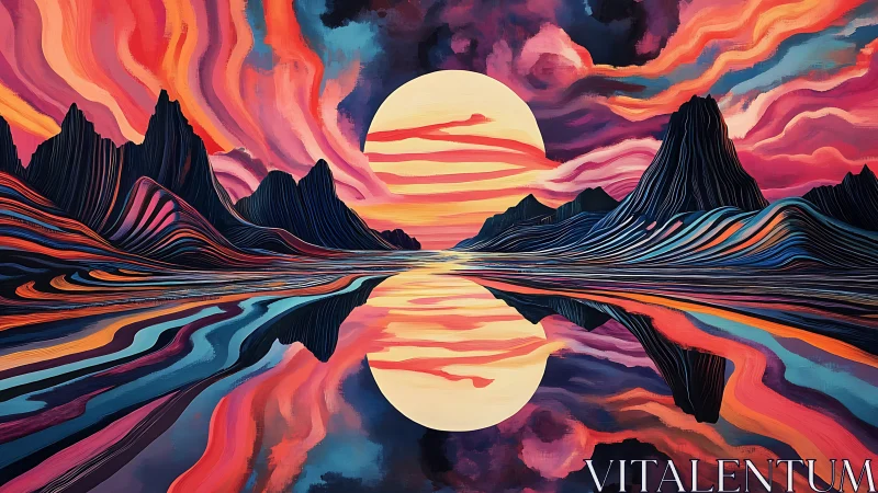 Neon river sunset mirroring electric mountains in dreamstate.