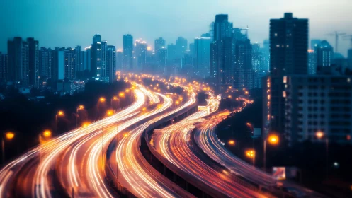 City lights streaming along a dreamy twilight highway.