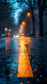 Golden lane aglow on a rainy blue hour city street.
