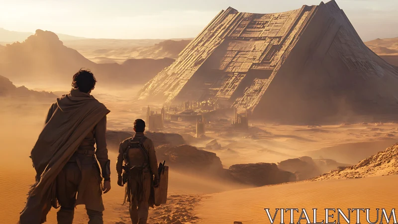 Desert wanderers approach colossal buried sci fi pyramid temple.