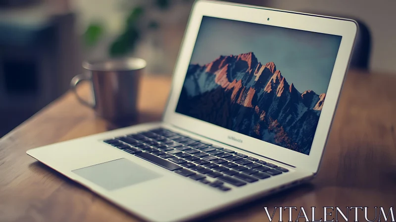 Slim laptop displays sunlit mountain wallpaper on desk