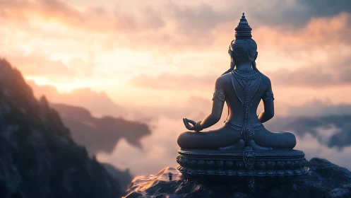 Bronze meditation statue overlooks misty mountains at sunrise