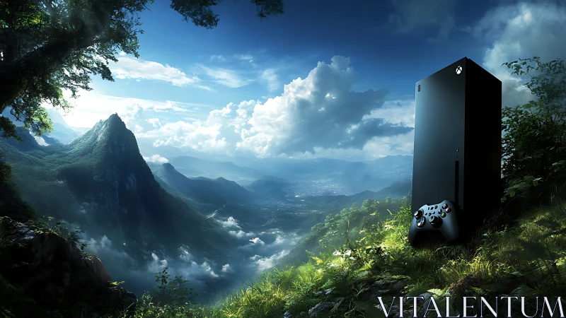 Console tower rises over lush fantasy mountainscape at dawn.