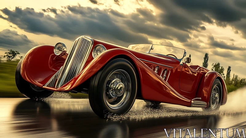 Streamlined red roadster under stormy sky demonstrates dynamic motion