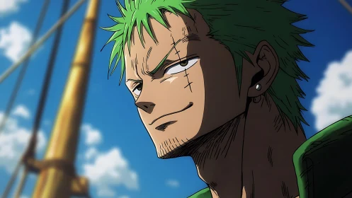 Green-haired swordsman portrait under vibrant sky lighting.