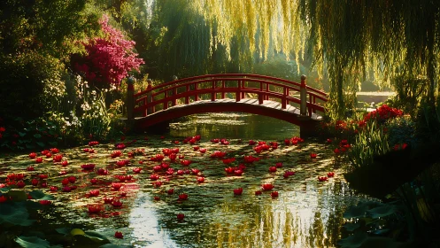 Red garden bridge arches over sunlit lily pond