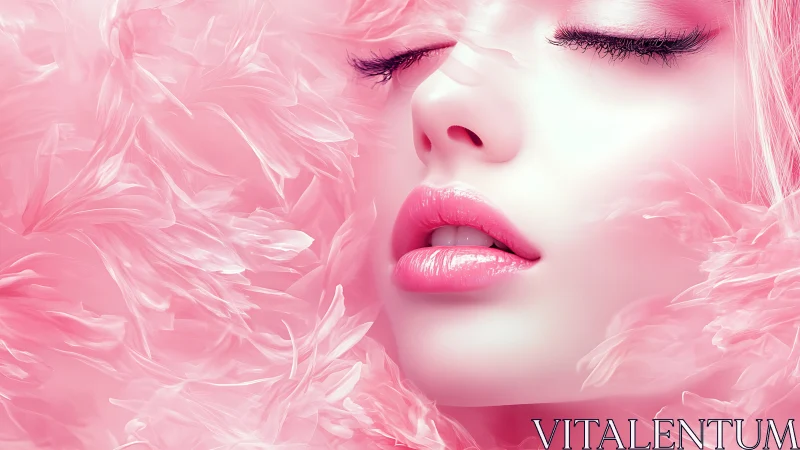 Close-up digital portrait of pink lips and feathers.