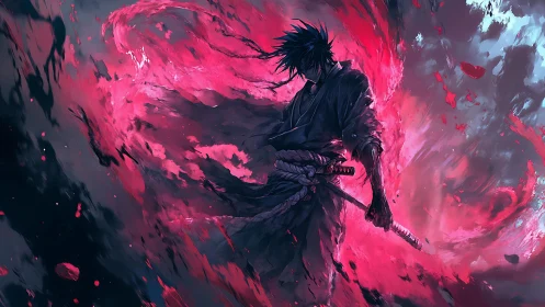 Crimson energy swirls around a lone anime swordsman in storm