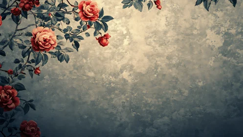 Botanical corner composition on textured pastel wall surface.