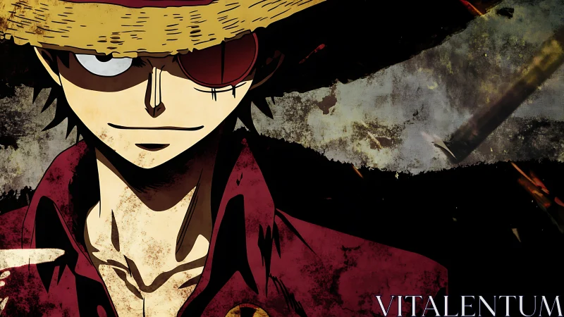 Straw hat pirate portrait against distressed grunge backdrop.