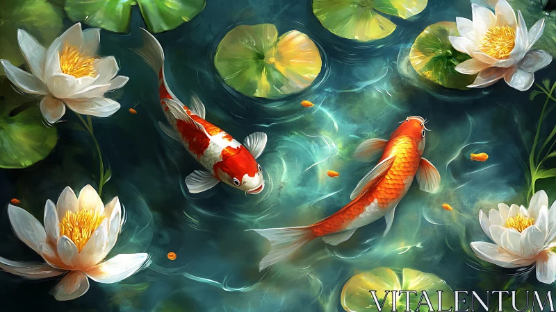 Koi pond blooms under luminous teal rippled water surface.