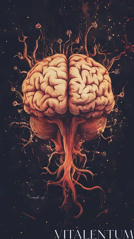 Human brain with extended nerves in dark abstract space.
