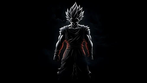 Shadowed anime warrior stands in a blazing cosmic aura