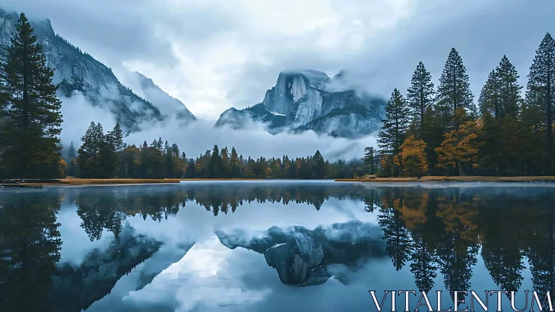 Misty granite peaks mirrored in tranquil alpine lake panorama.