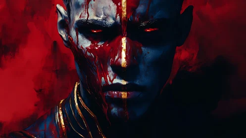 Symmetrical red-marked face in dark abstract background.