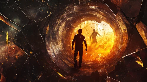 Silhouettes Crossing a Shattered Fire Tunnel of Fate.