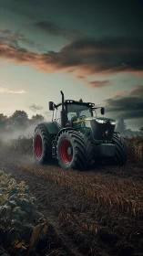 Powerful green tractor on dusk farmland track.