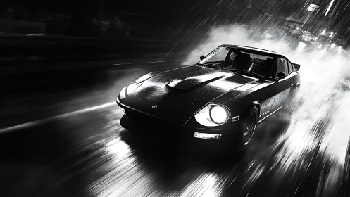 Midnight rain-runner coupe slicing neon-drenched asphalt.