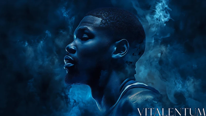 Blue monochrome athlete portrait merges with atmospheric smoke