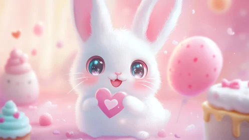 White bunny holding pink heart in soft pastel scene.