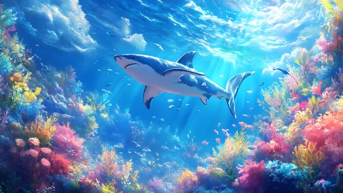 Spectral shark transit through high-saturation coral reef biome.