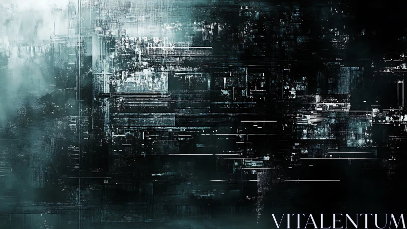 Glowing cyber city grid shimmers through misty digital night