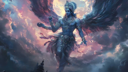 Winged celestial deity strides through stormlit heavens.