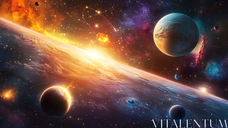 Stellar vistas over tilted planet with radiant nebulae glow.