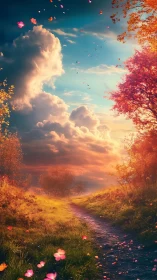 Luminous autumn path under volumetric clouds at sunset.