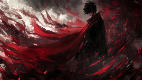 Dark anime warrior with swirling red energy cloak.