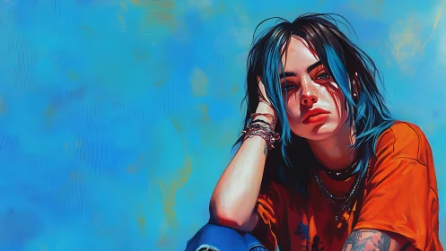 Moody blue haired girl portrait against vivid cyan field.