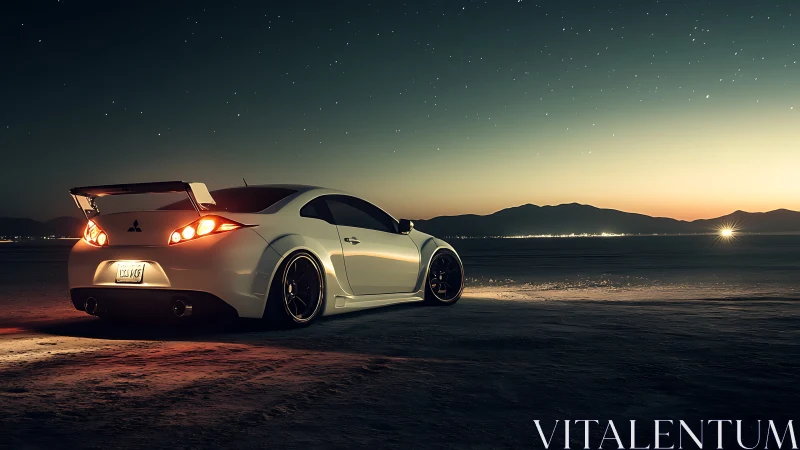 White tuner coupe dominates starlit desert horizon at dusk