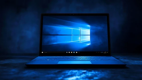 Backlit laptop displays Windows desktop with high contrast lighting