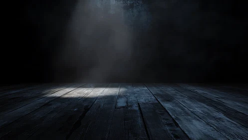 Single overhead spotlight on weathered wooden stage floor
