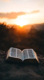 Open Bible on rock in warm sunset backlight, shallow depth