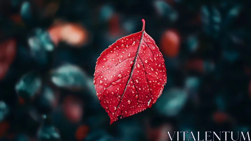 Crimson raindrop leaf drifting through a midnight blur.
