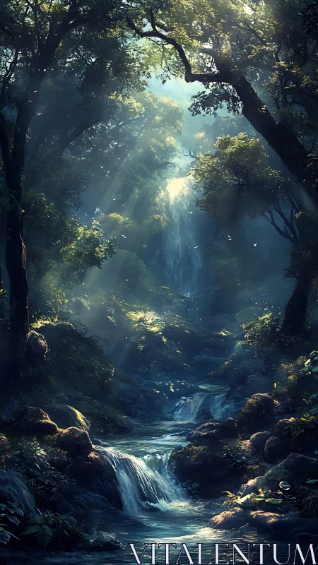 Enchanted Forest Waterfall with Celestial Light Rays.