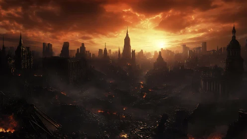 Burning post-apocalyptic city skyline under blazing sunset