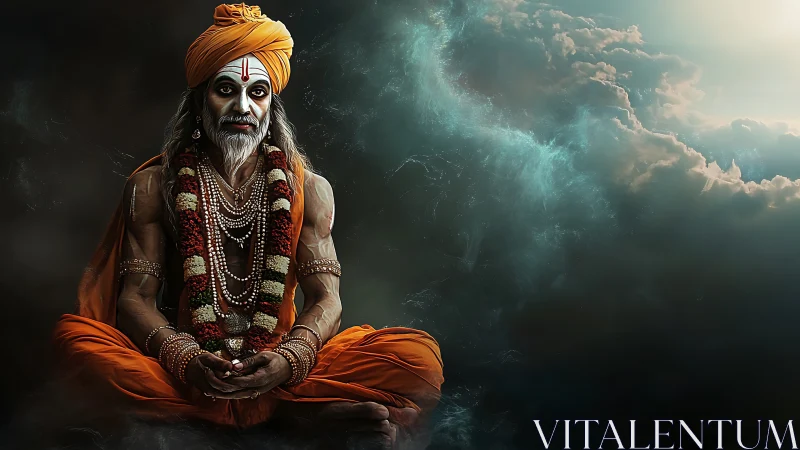 Mystic sage in orange robes amid swirling celestial storm.