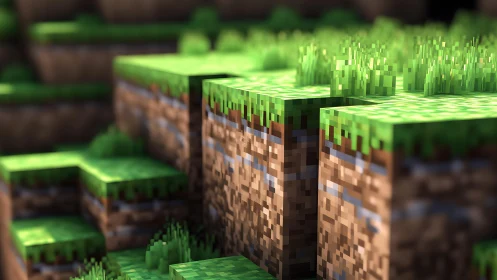 Close-up of Minecraft-style grassy terrain with pixel art design.