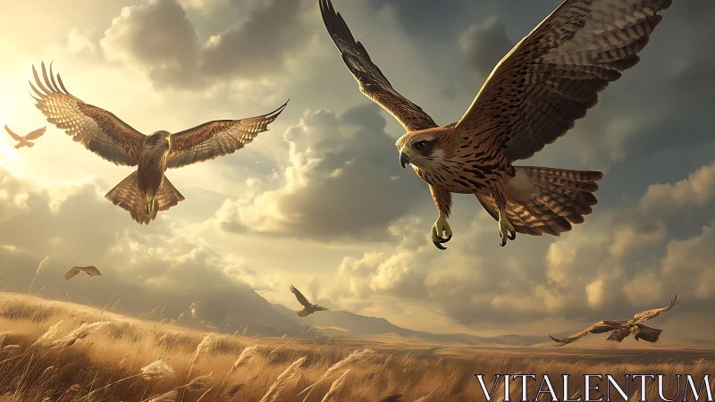 Majestic Hawks Soaring Over Golden Prairie at Sunset, Realistic Art.