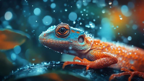 Colorful gecko rendered in high detail with water droplets