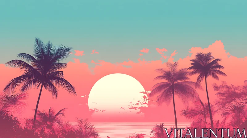 Neon gradient tropical sunset with silhouetted palm treeline