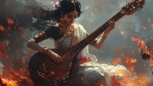 Mythic sitar virtuosa amid combustion-driven chromatic vortices.