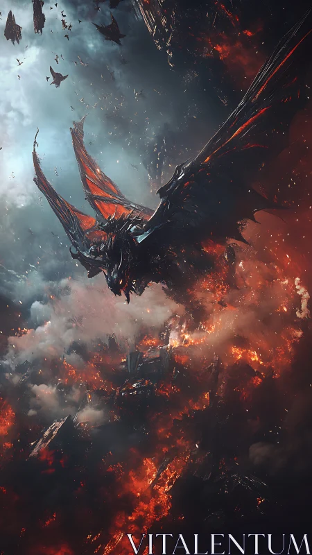 Armored dragon over burning clouds and fractured ruins.