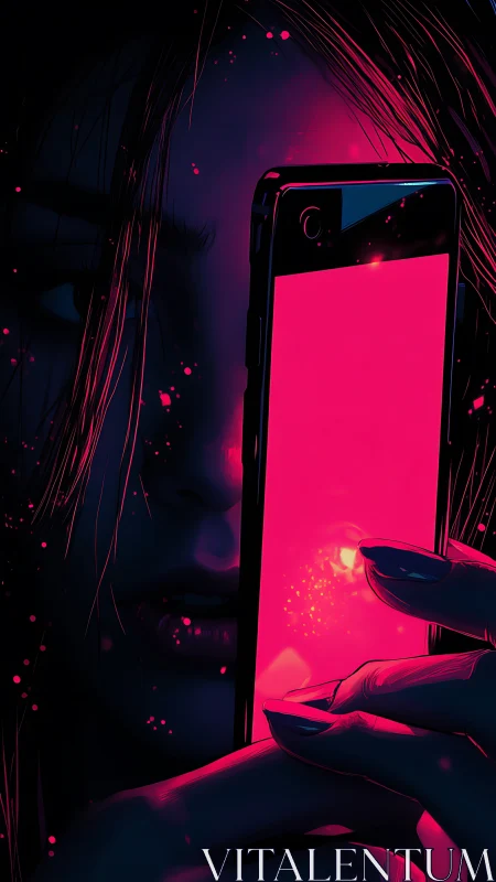 Neon smartphone glow obscures cyber-noir portrait in shadow