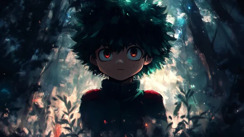 Young forest hero stands in luminous painted shadows.